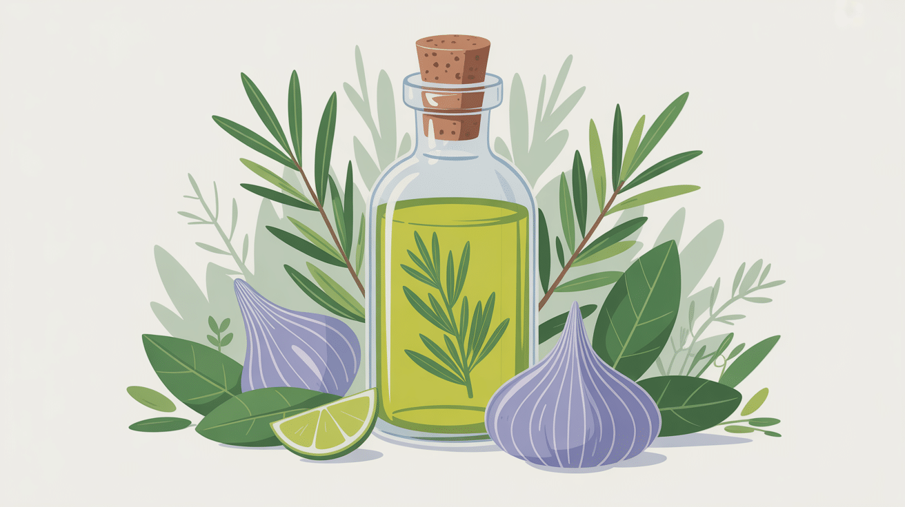 Huile de romarin cheveux avis, flacon et chevelure stylisée