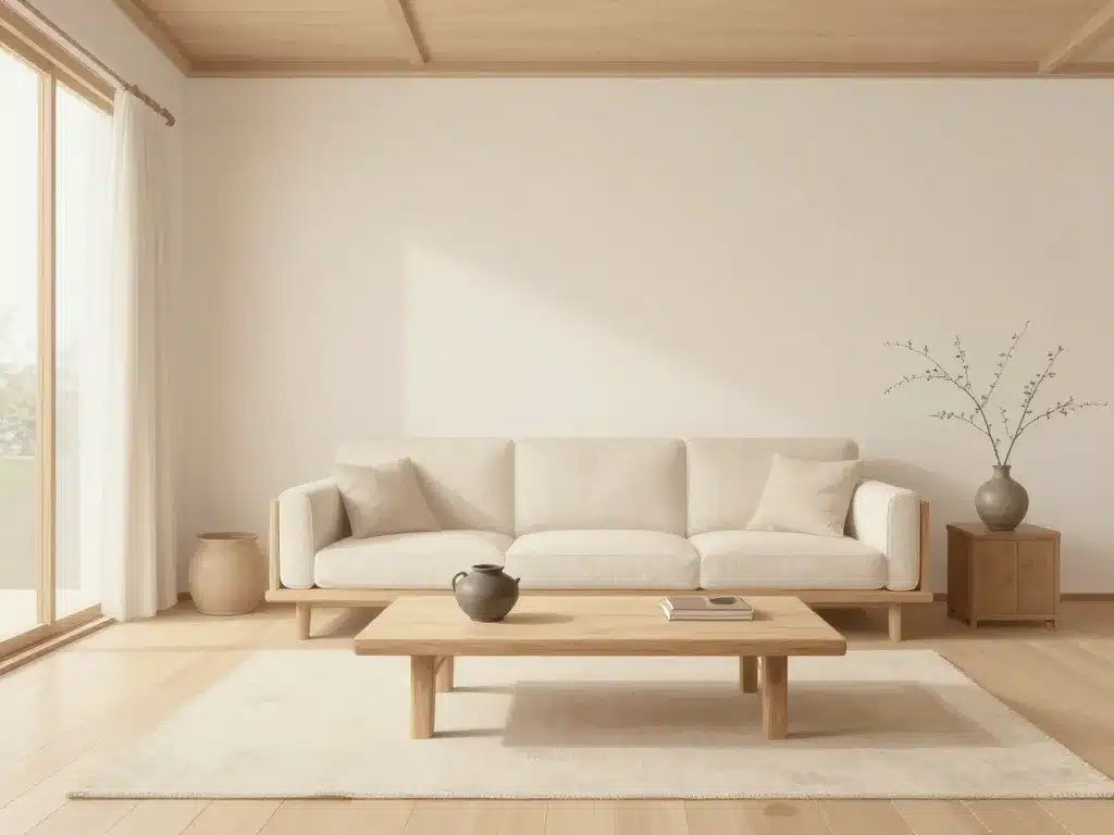 Salon minimaliste japonais tons neutres matériaux naturels