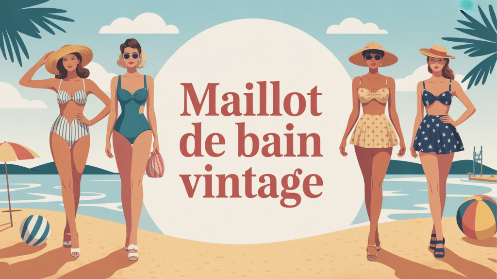 Scène été avec maillots de bain vintage variés et accessoires rétro
