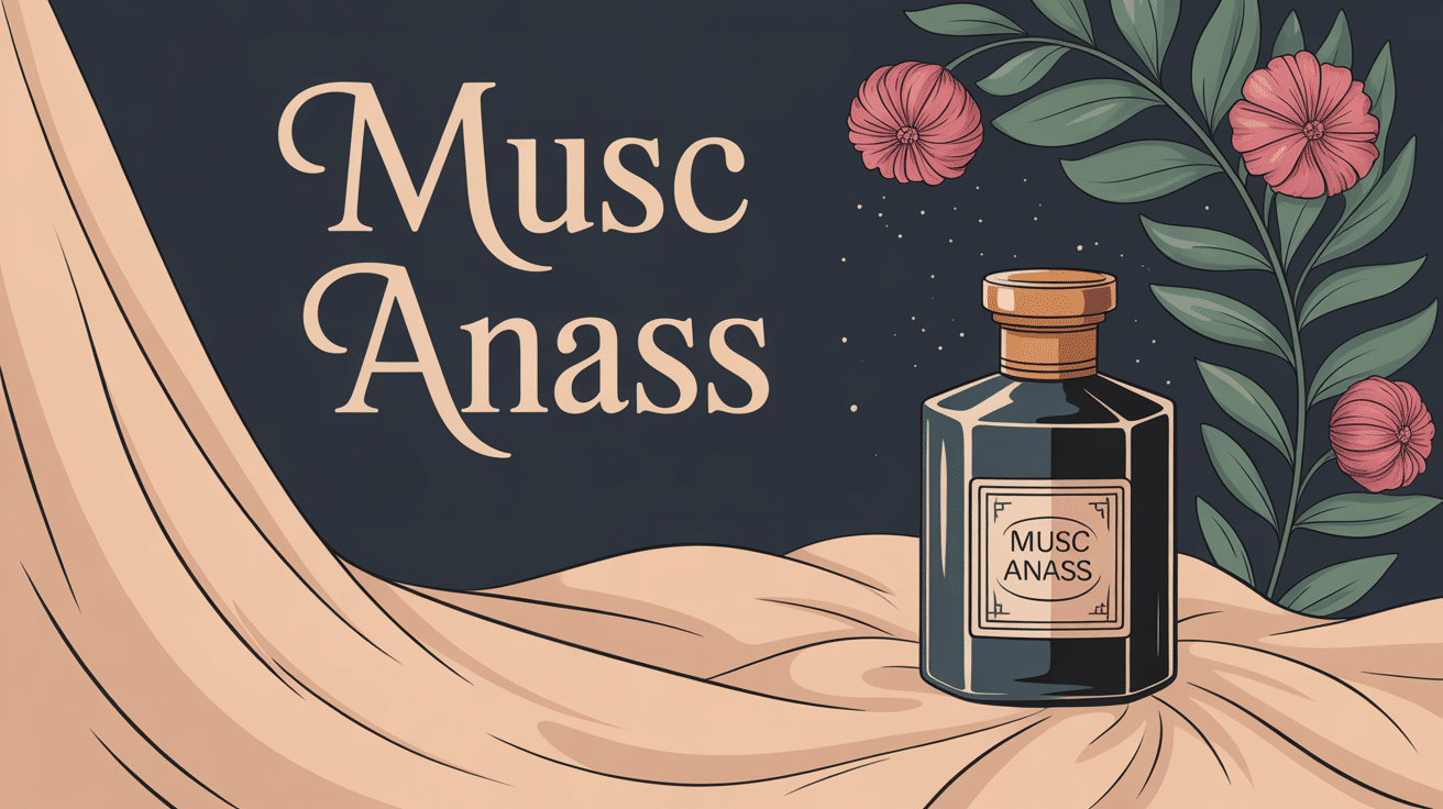 Illustration du musc Anass avec flacon élégant et volutes parfumées