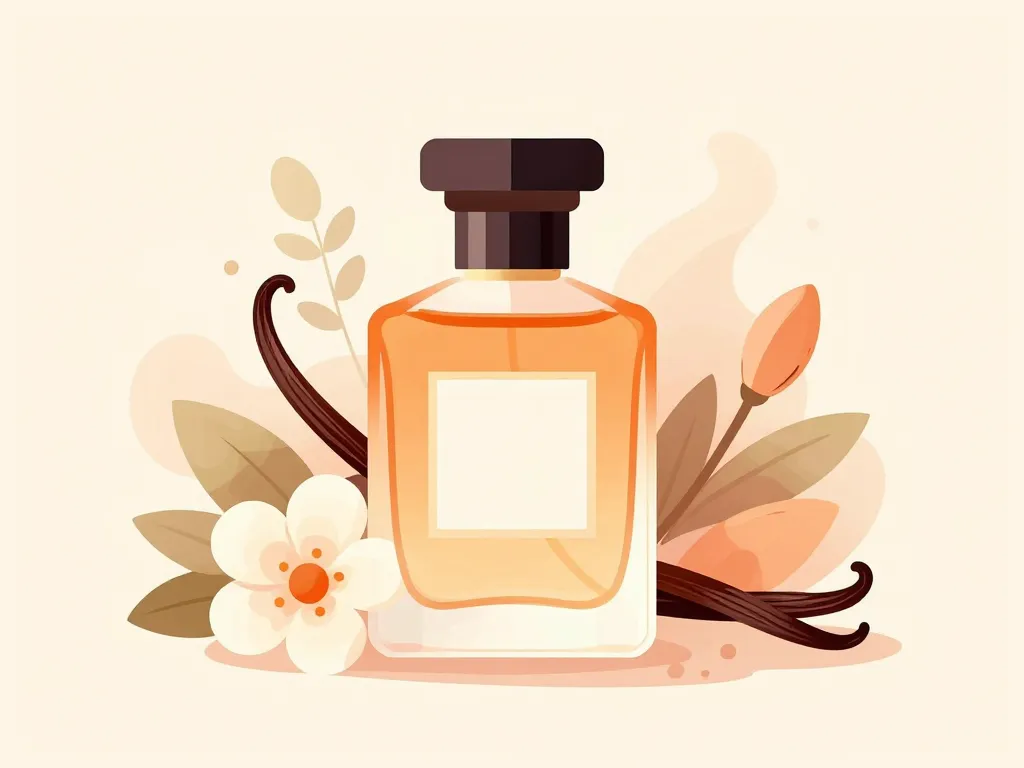 Bouteille musc Anass entourée d'éléments floraux et vanille abstraite