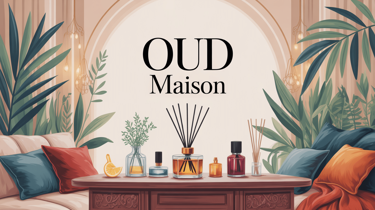 Illustration oud maison avec bougies, diffuseurs et bois d'oud décoratifs