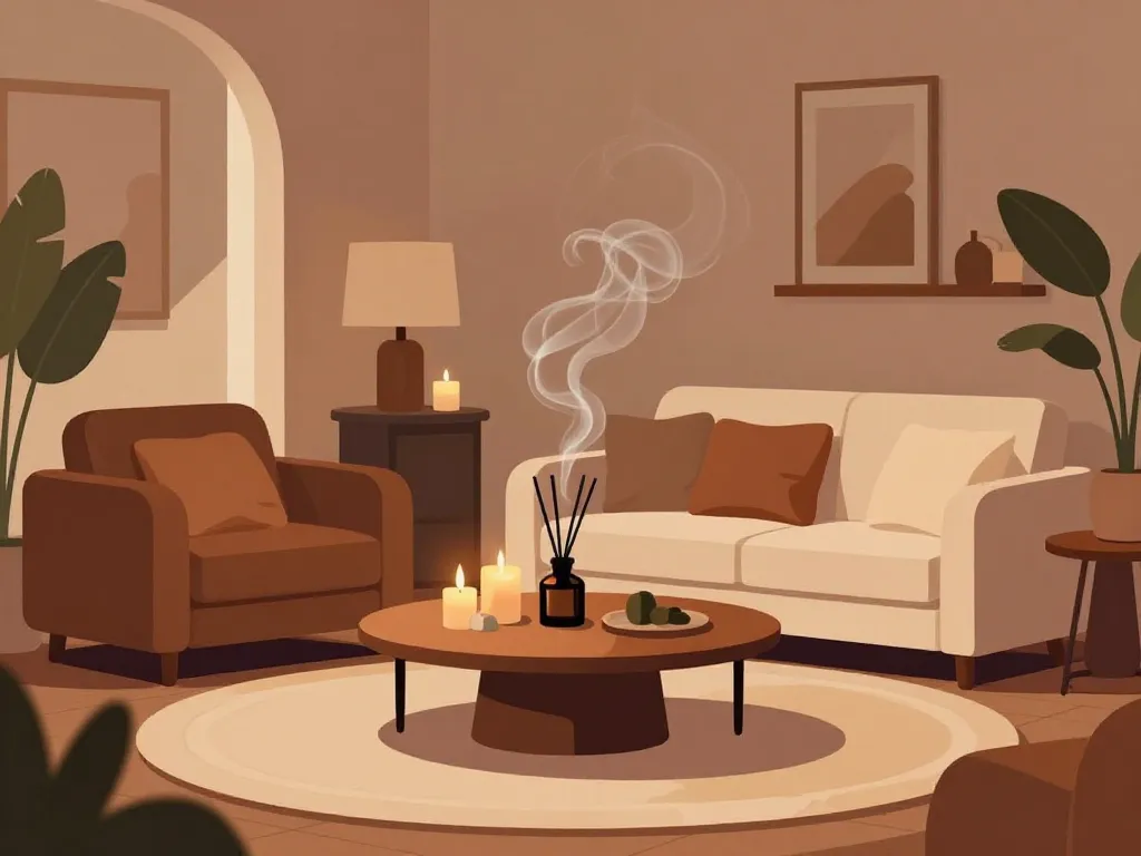 Oud maison intégration bougies et diffuseurs dans salon moderne