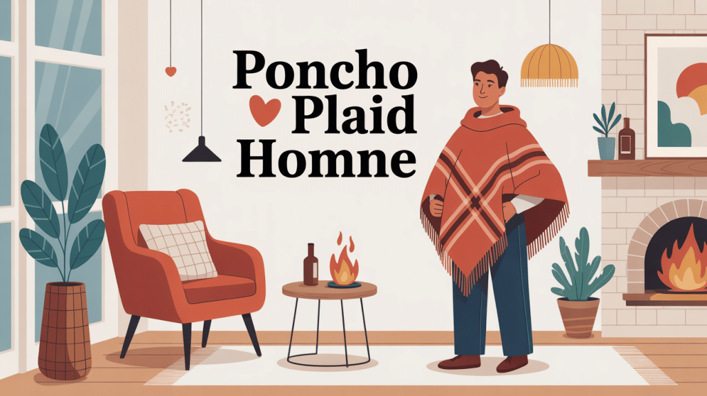 homme avec poncho plaid homme dans salon cosy