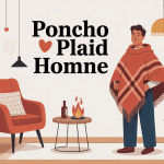homme avec poncho plaid homme dans salon cosy