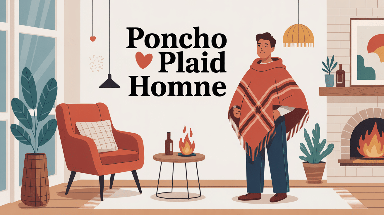 homme avec poncho plaid homme dans salon cosy