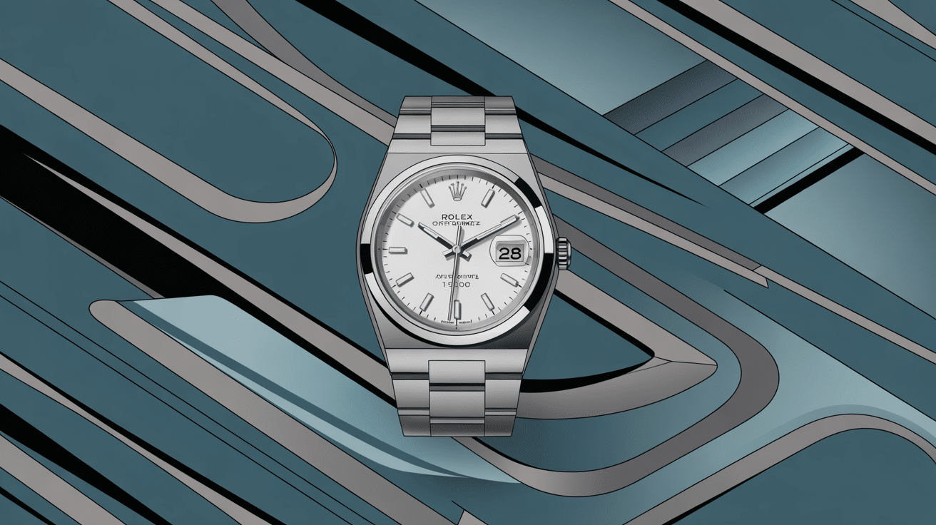 Illustration élégante de la rolex oyster quartz ref. 17000 sur fond années 70