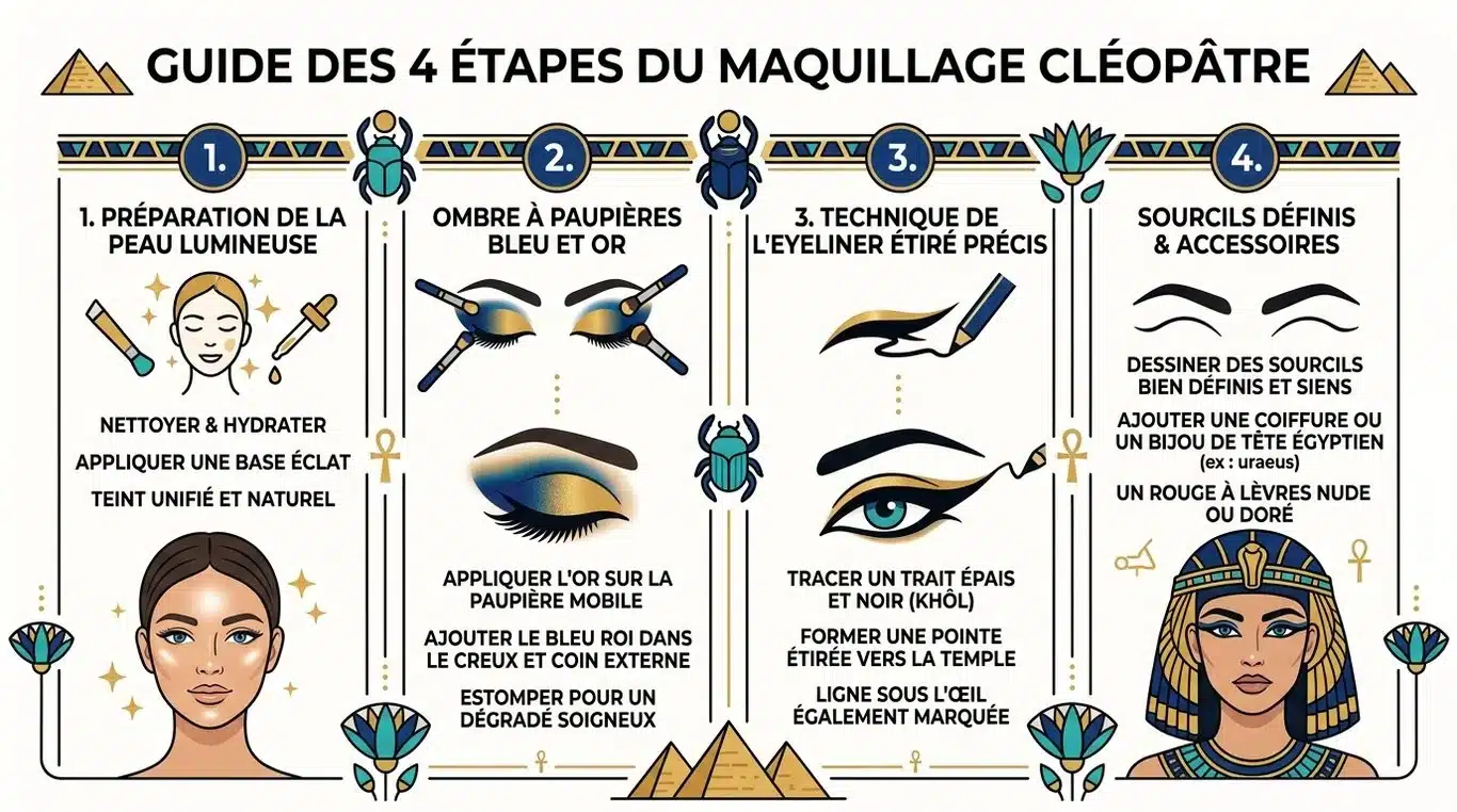 Infographie des étapes clés pour réussir son maquillage de Cléopâtre