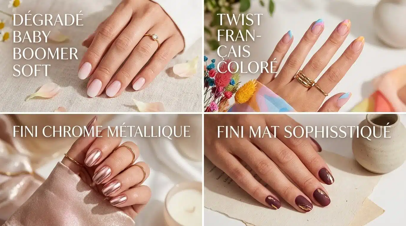 Exemples de modèles de vernis semi-permanent : Baby Boomer, French Twist, Chrome et Mat