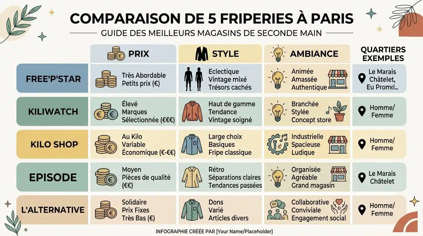 Infographie comparative des meilleures friperies du quartier Châtelet à Paris