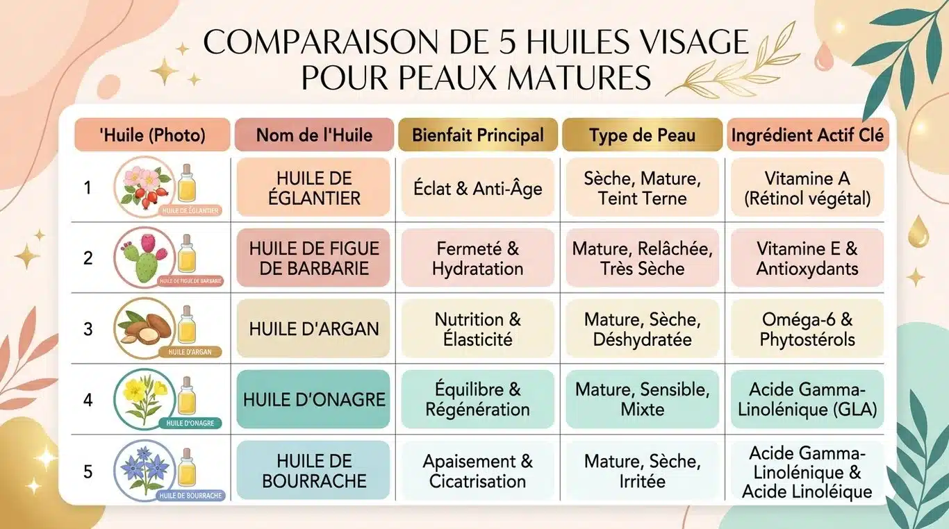 Infographie comparative des meilleures huiles végétales pour peaux matures