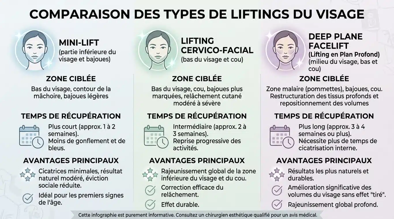 Infographie comparative des techniques de lifting du visage : Mini-lift, Cervico-facial et Deep Plane.