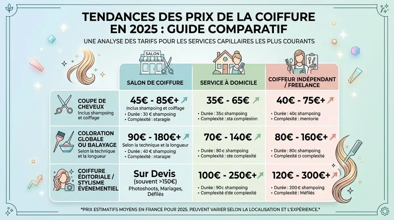 Infographie comparative des tarifs de coiffure 2025 : salon, domicile et freelance