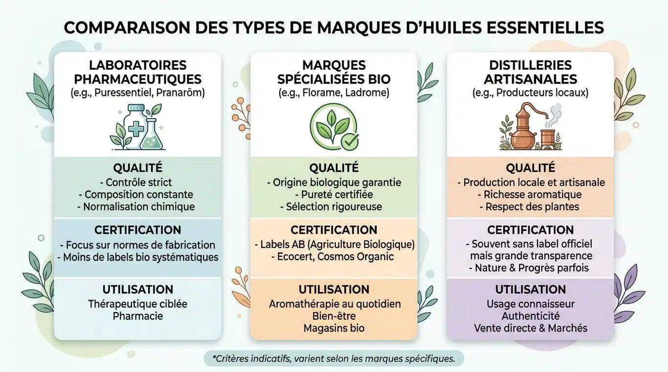 Infographie comparative des types de marques d'huiles essentielles : laboratoires, marques bio et distilleries artisanales.