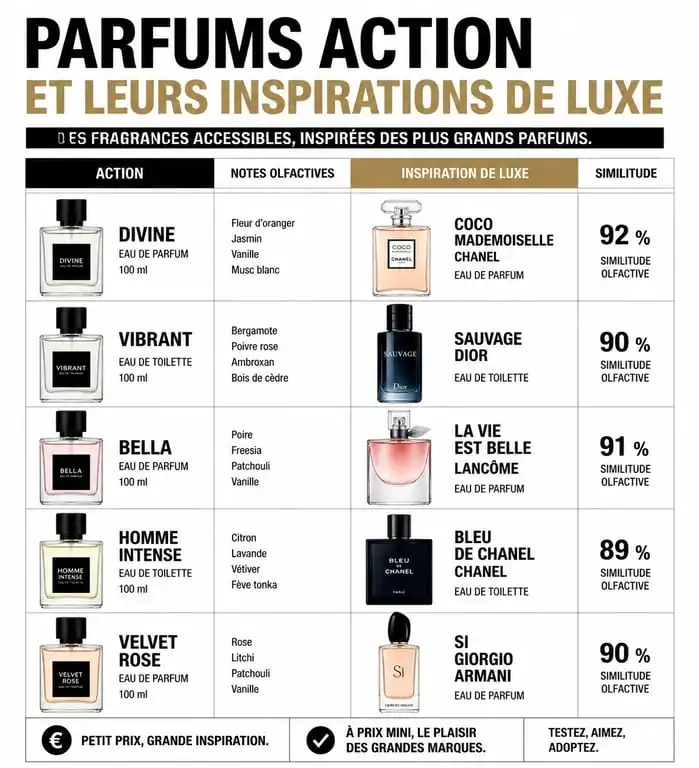 Tableau comparatif des dupes de parfum Action et leurs équivalents de marque