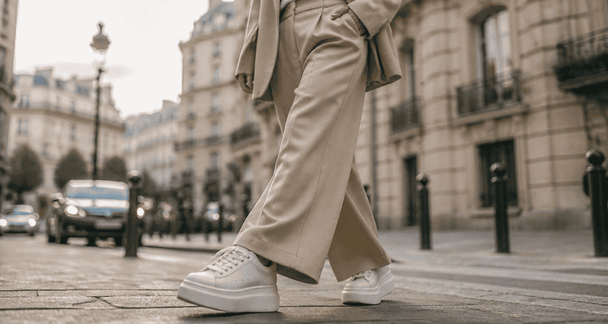 basket blanche femme tendance 2025 sur trottoir parisien
