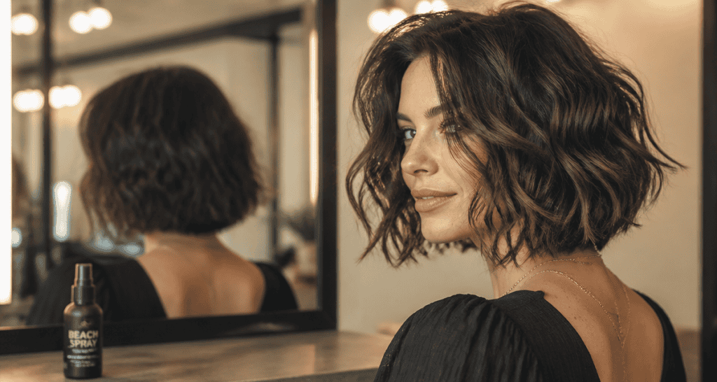 Carré wavy cheveux epais devant miroir salon