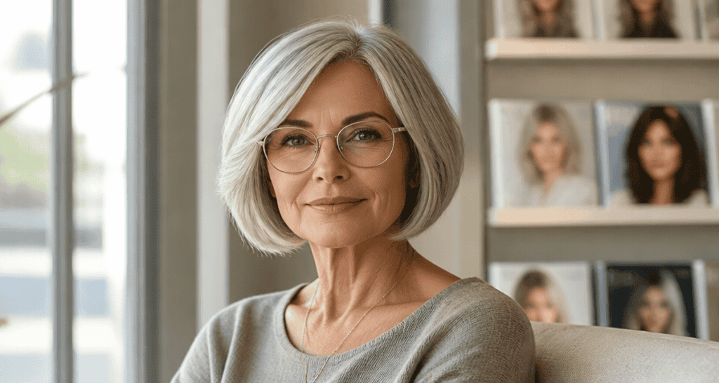 coupe de cheveux femme 65 ans avec lunettes moderne
