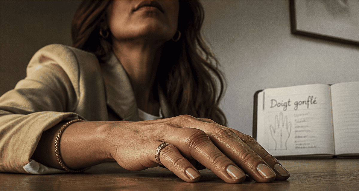 doigt gonflé et du mal à le plier, main féminine, index enflé