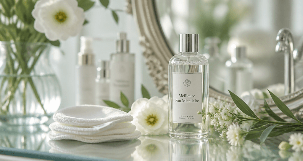 eau micellaire meilleure flacon sur coiffeuse
