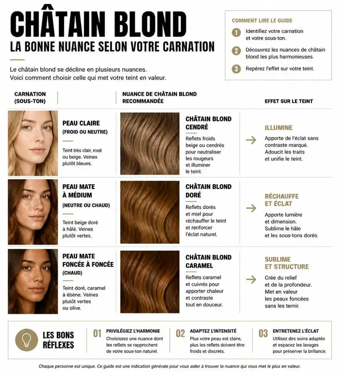 Infographie des nuances de châtain blond adaptées à chaque type de teint