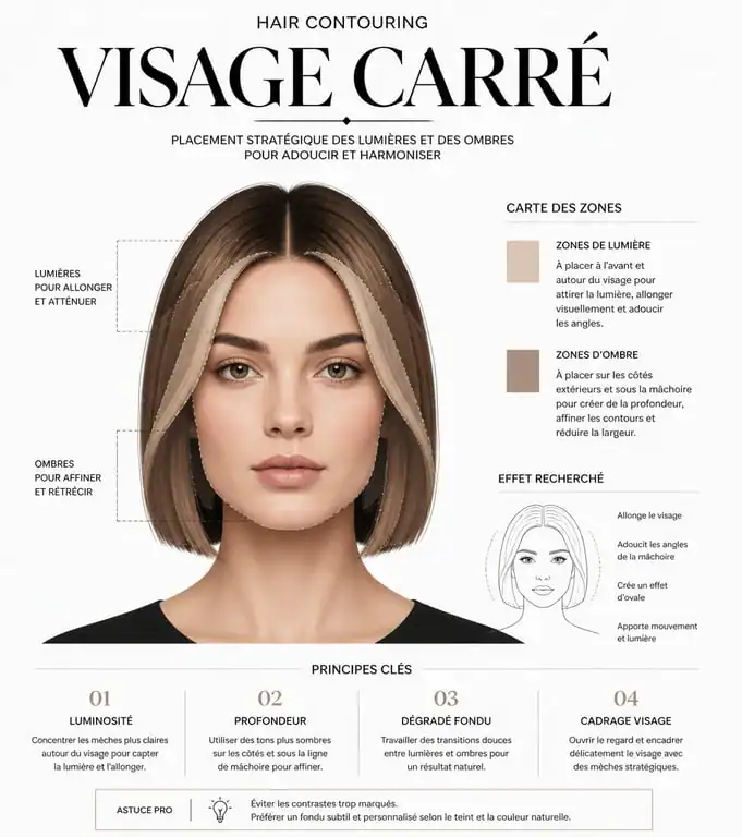 Schéma explicatif du placement du hair contouring sur coupe au carré pour adoucir un visage carré