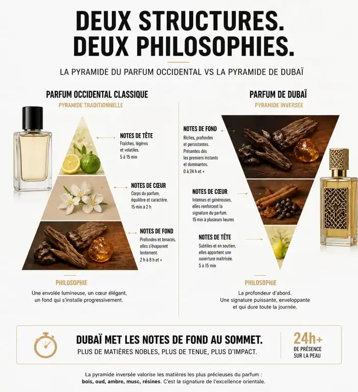 Infographie comparative de la structure olfactive des parfums de Dubaï et occidentaux
