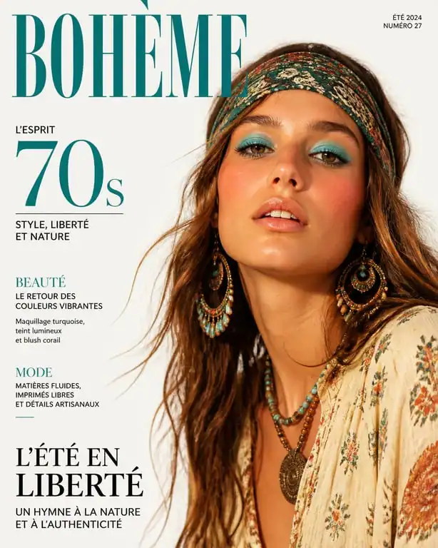 Maquillage hippie années 70 avec fard turquoise et teint naturel
