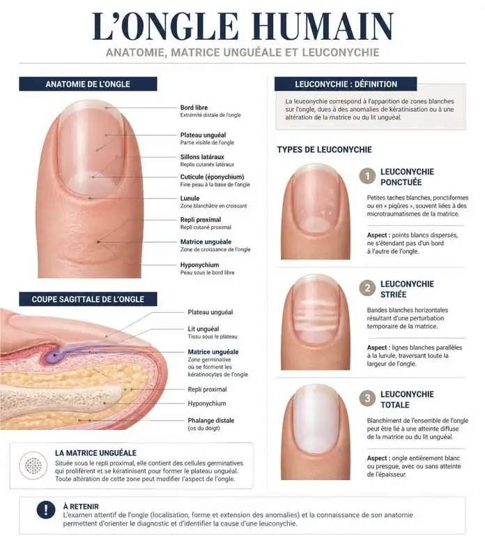 Schéma explicatif des différents types de leuconychie et lignes blanches sur les ongles