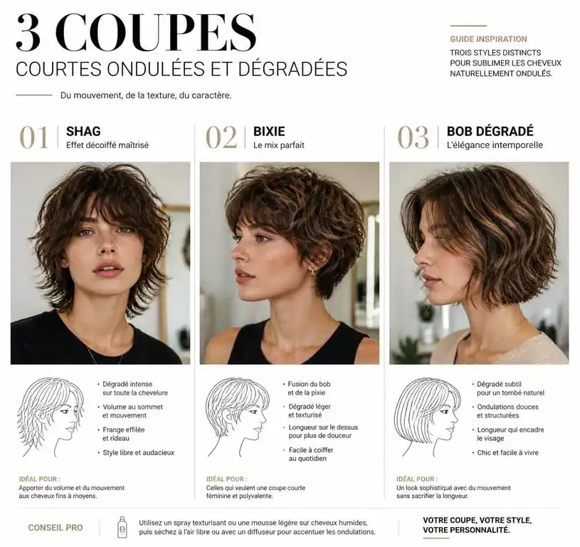 Exemples de coupes cheveux court ondulé dégradé : shag, bixie et carré dégradé