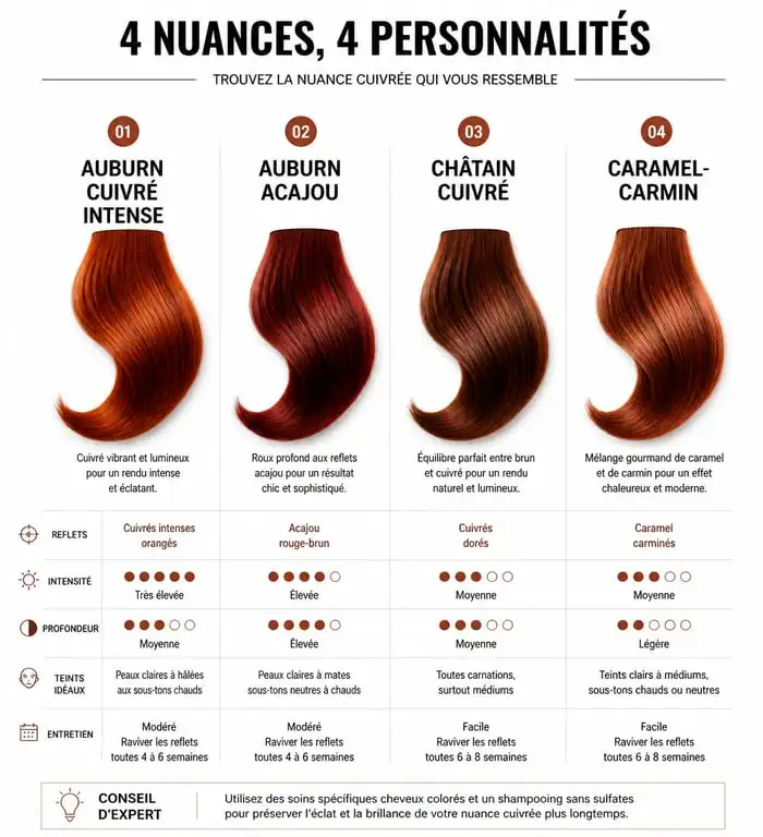 Comparatif des nuances de cheveux auburn cuivré : intense, acajou, châtain et caramel