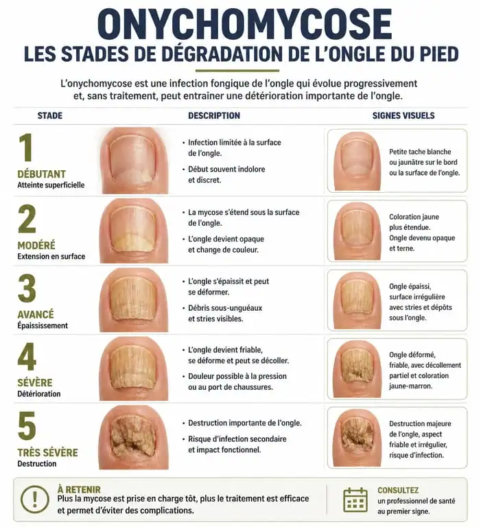 Infographie des stades de l'onychomycose et signes d'un ongle de pied qui pourrit