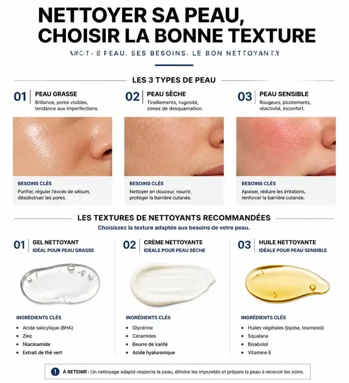 Infographie sur le choix du meilleur nettoyant visage selon le type de peau