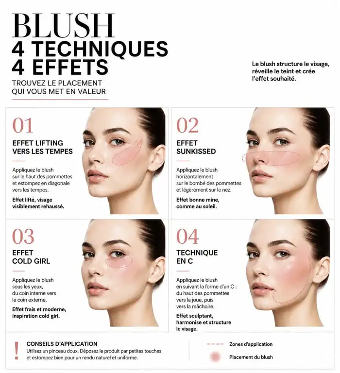 Infographie des 4 techniques pour savoir comment mettre du blush selon la morphologie