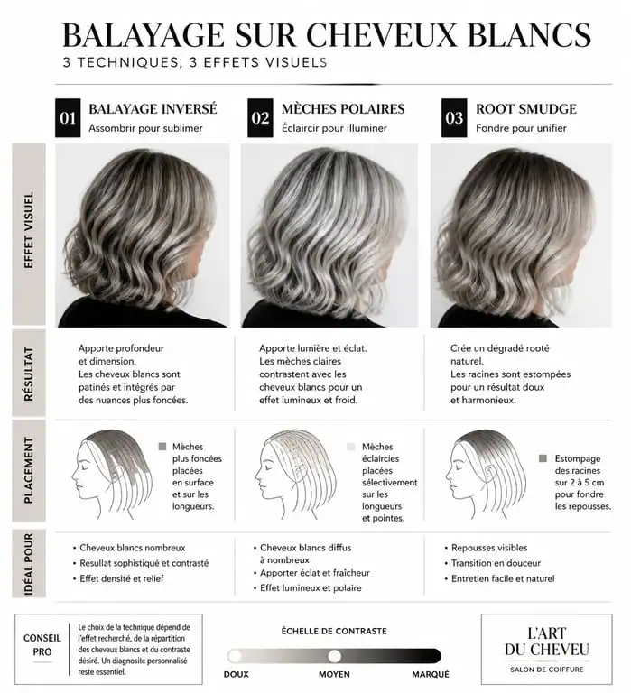 Infographie comparative des techniques de balayage sur cheveux blancs