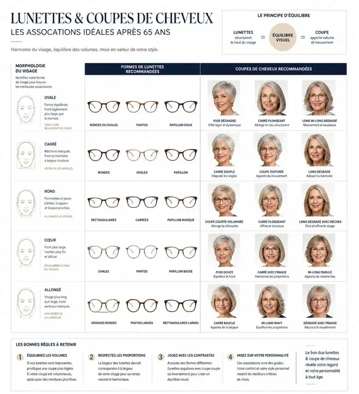 Infographie des meilleures coupes de cheveux pour femme 65 ans avec lunettes selon la forme du visage
