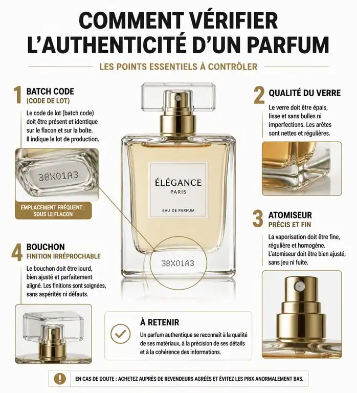 Infographie des points de vérification pour l'authenticité d'un parfum moins cher