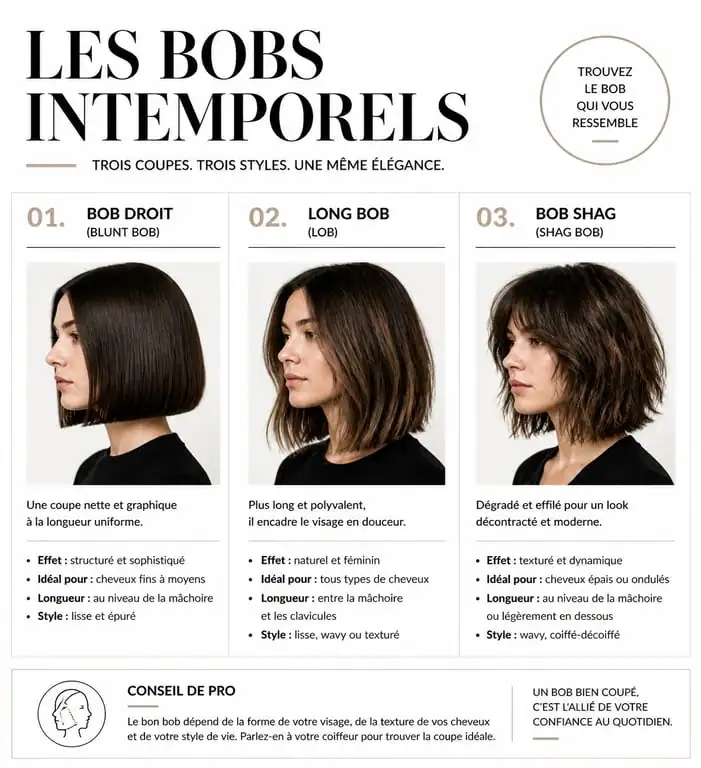 Différents styles de coupe au carré femme : blunt bob, lob et shag