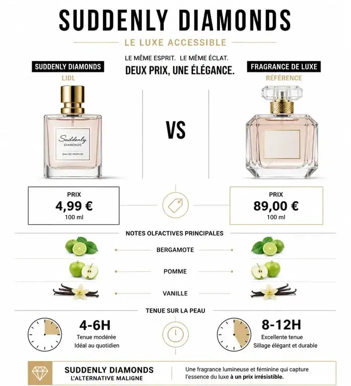Infographie comparative entre le parfum Suddenly Diamonds de Lidl et un parfum de luxe