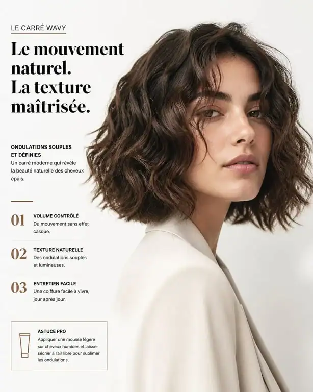 Carré wavy sur cheveux épais avec ondulations naturelles et volume maîtrisé