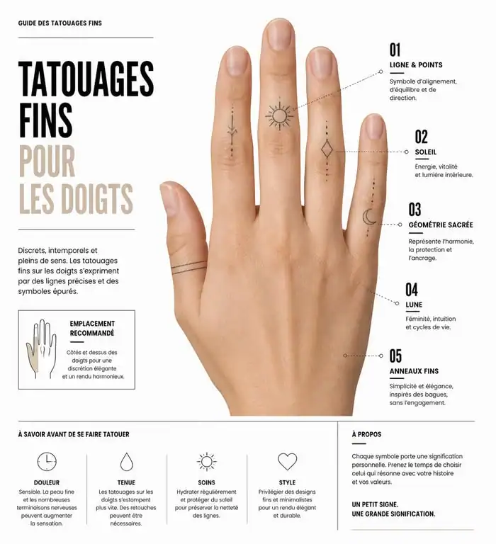 Exemples de tatouages minimalistes sur les doigts : symboles géométriques et célestes