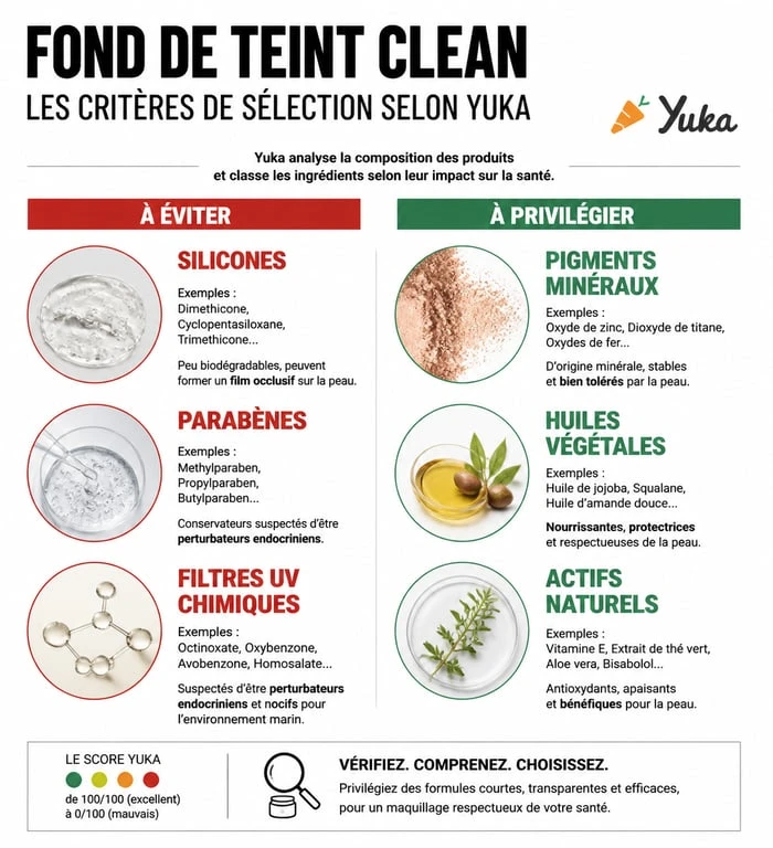 Infographie des critères pour choisir le meilleur fond de teint selon Yuka, comparant les ingrédients à éviter et à privilégier pour une composition saine.