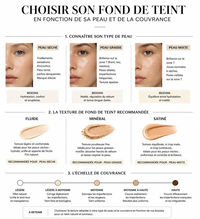 Infographie pour choisir son fond de teint selon son type de peau et sa couvrance