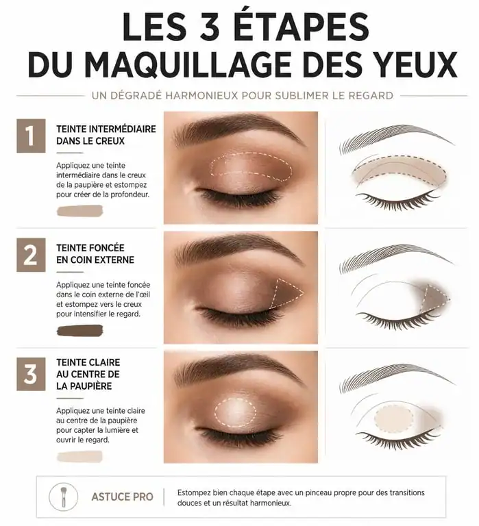 Technique de maquillage des yeux en trois étapes pour un regard structuré