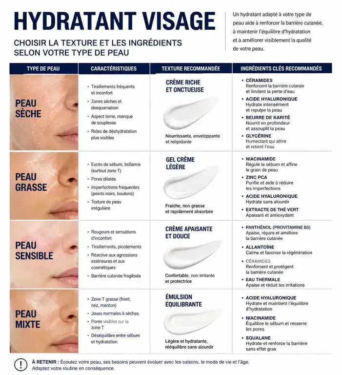 Infographie des types de peau et ingrédients pour la meilleure crème hydratante visage