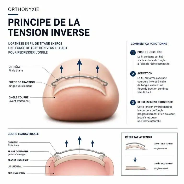 Schéma explicatif du principe de la tension inverse en orthonyxie pour corriger un ongle incarné