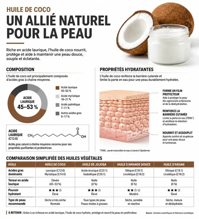 Infographie des bienfaits et usages de l'huile de coco sur le corps