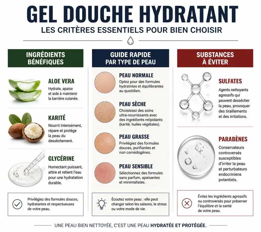 Infographie des critères de choix du meilleur gel douche hydratant femme