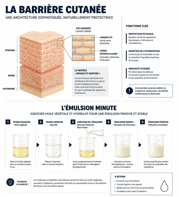 Infographie expliquant comment hydrater sa peau sans crème avec la méthode du duo huile et hydrolat