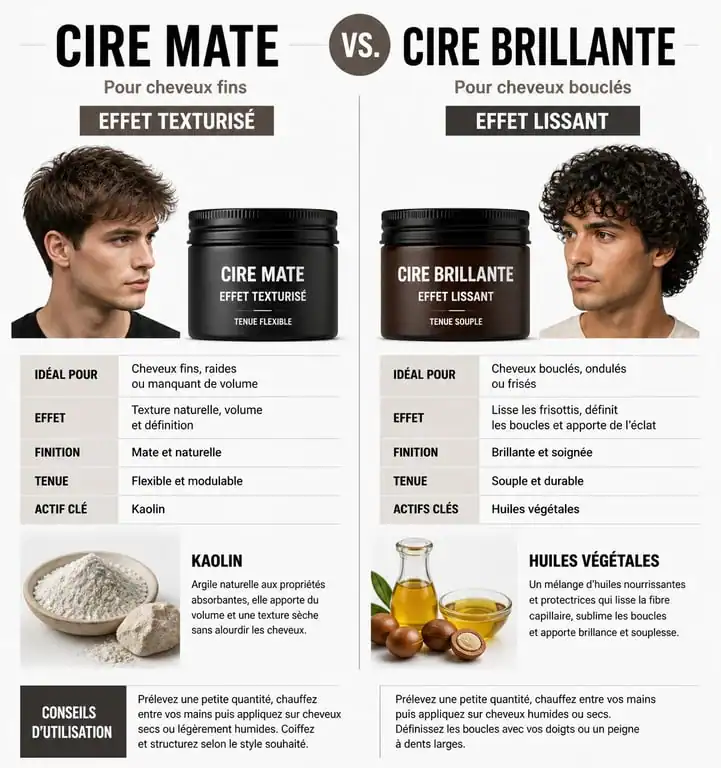 Infographie comparative : choisir la meilleure cire coiffante femme selon son type de cheveux et le fini souhaité